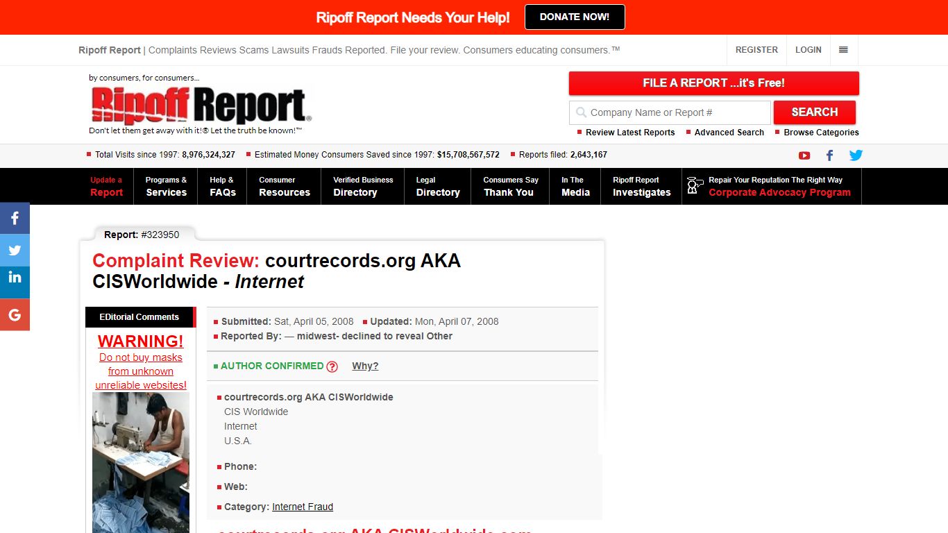 Ripoff Report | Courtrecords.org AKA CISWorl Review - Internet